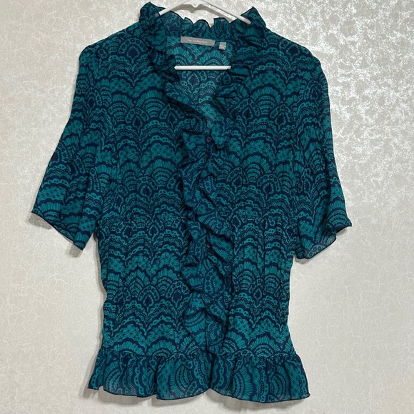 NY Collection Teal Blue Patterned Ruffle Front Short Sleeve Button Down Blouse L - Picture 1 of 6